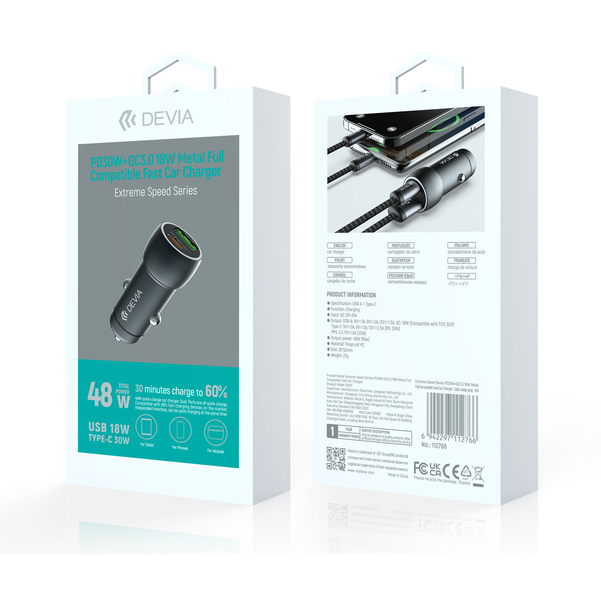 Cargador Devia de Carro PD30W+QC3.0 18W Metal con Cable